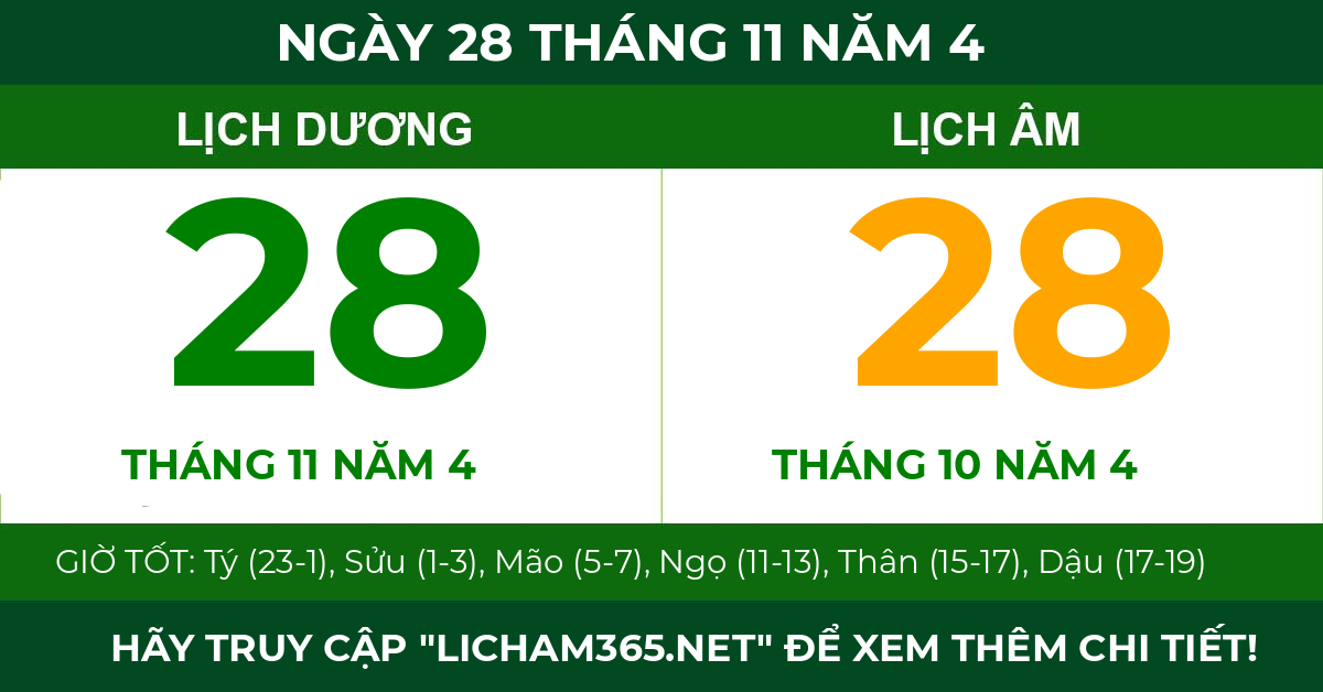 lịch âm ngày 28 tháng 11 năm 4