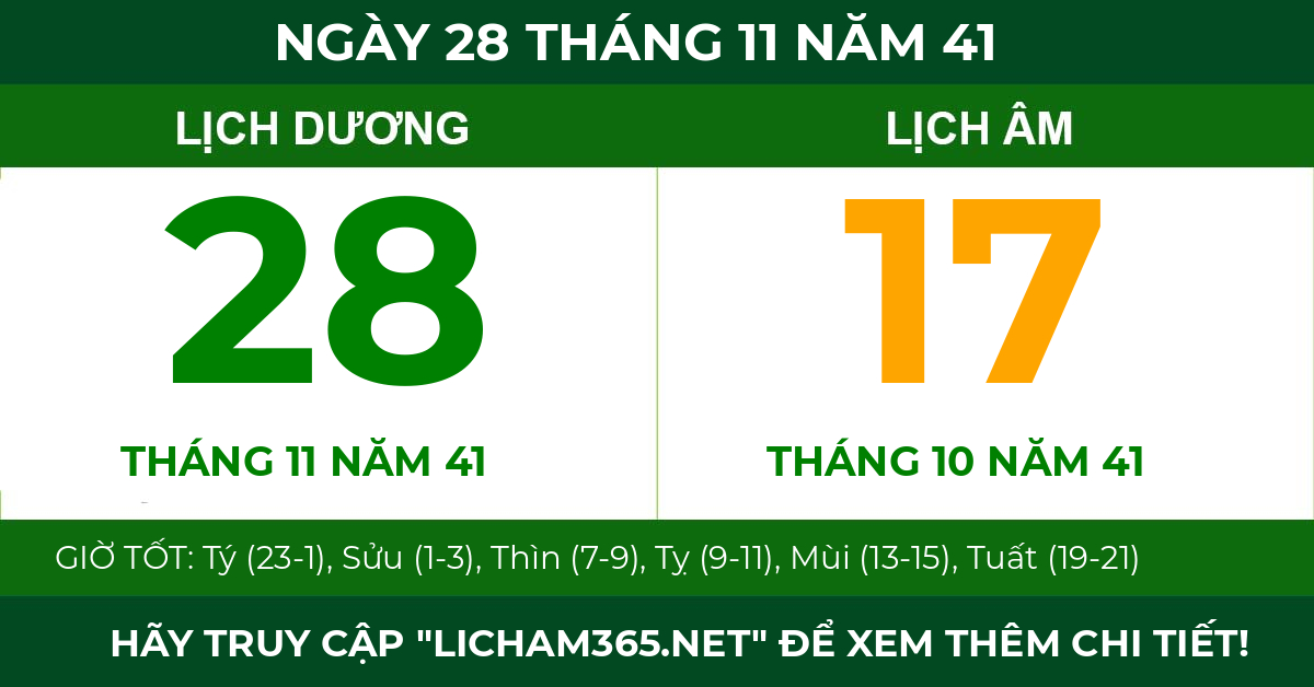 lịch âm ngày 28 tháng 11 năm 41