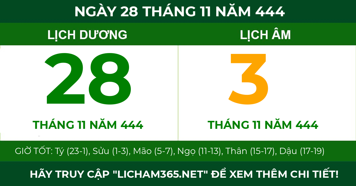 lịch âm ngày 28 tháng 11 năm 444