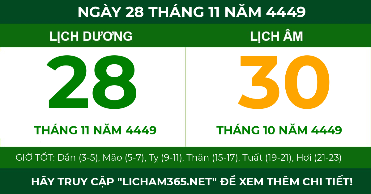 lịch âm ngày 28 tháng 11 năm 4449