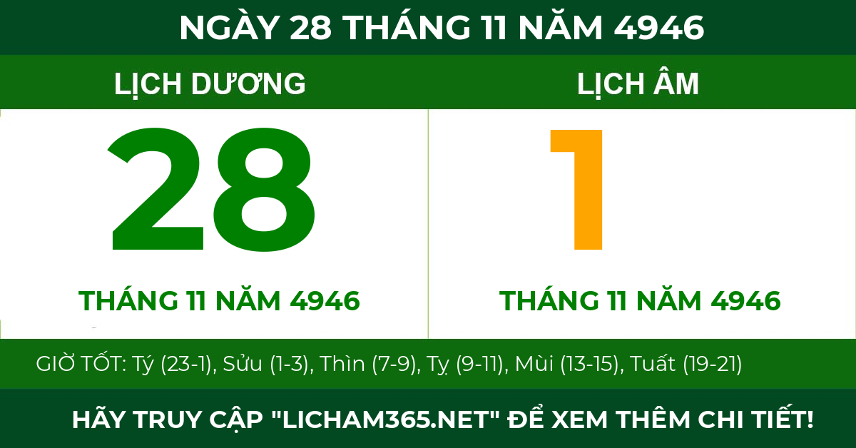 lịch âm ngày 28 tháng 11 năm 4946