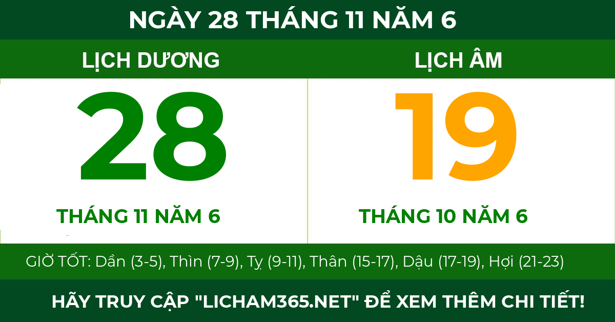 lịch âm ngày 28 tháng 11 năm 6
