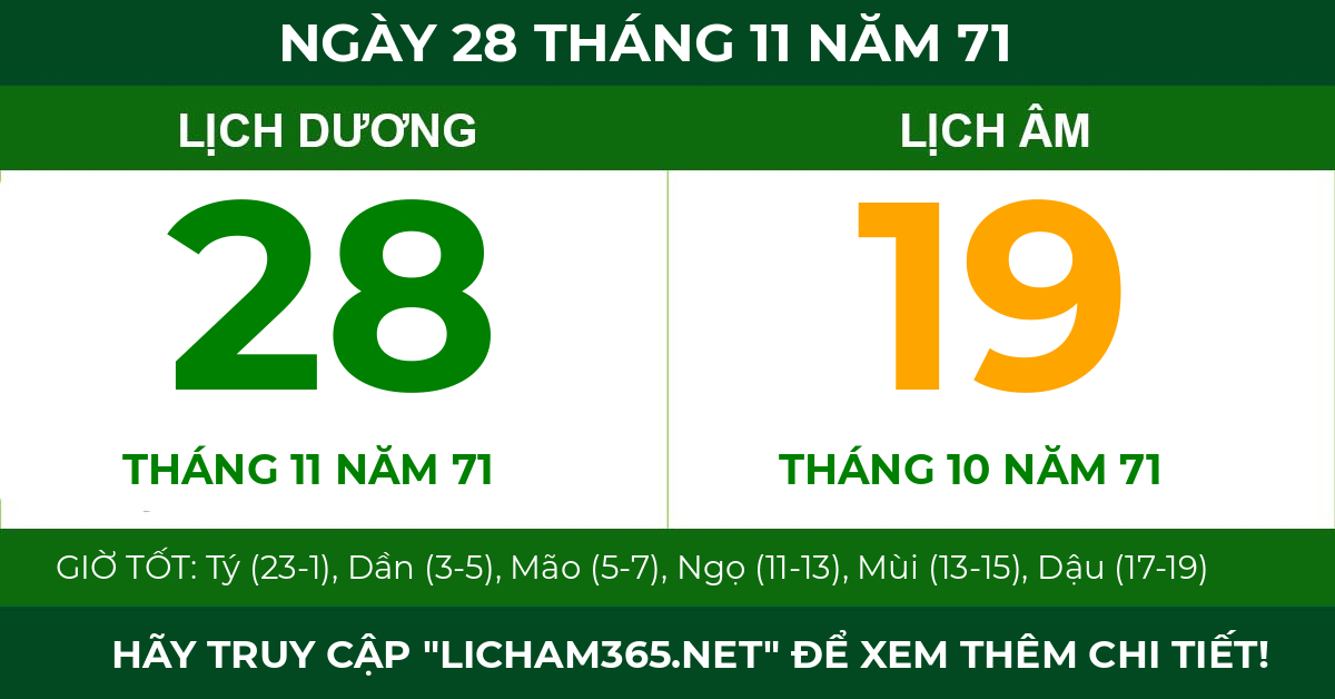 lịch âm ngày 28 tháng 11 năm 71