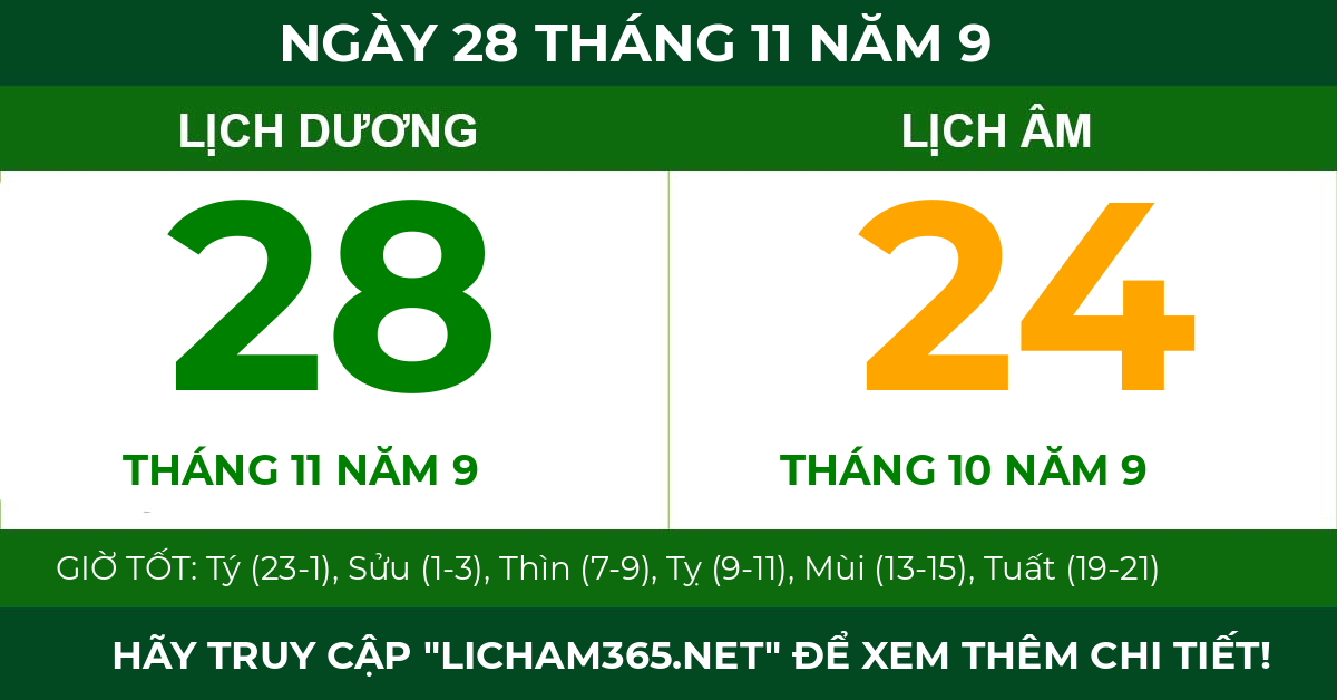 lịch âm ngày 28 tháng 11 năm 9