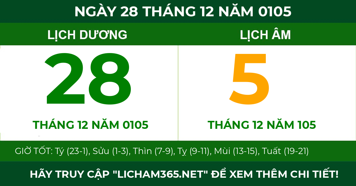 lịch âm ngày 28 tháng 12 năm 0105