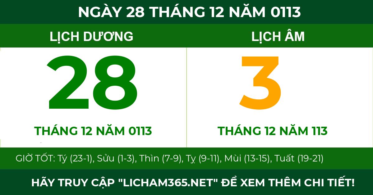 lịch âm ngày 28 tháng 12 năm 0113