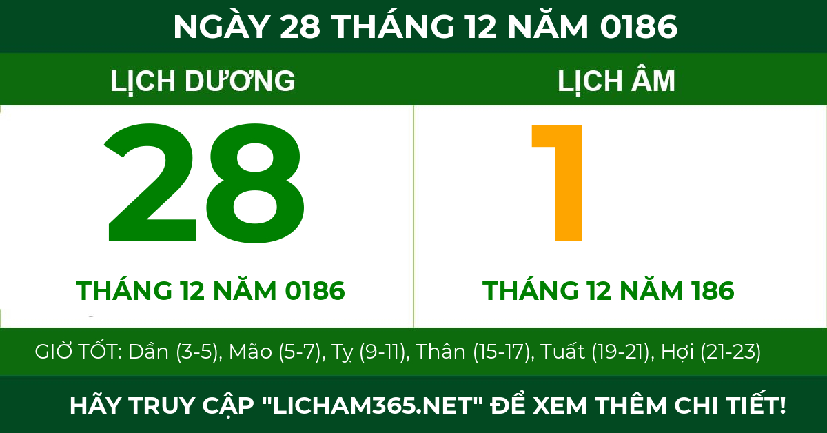 lịch âm ngày 28 tháng 12 năm 0186