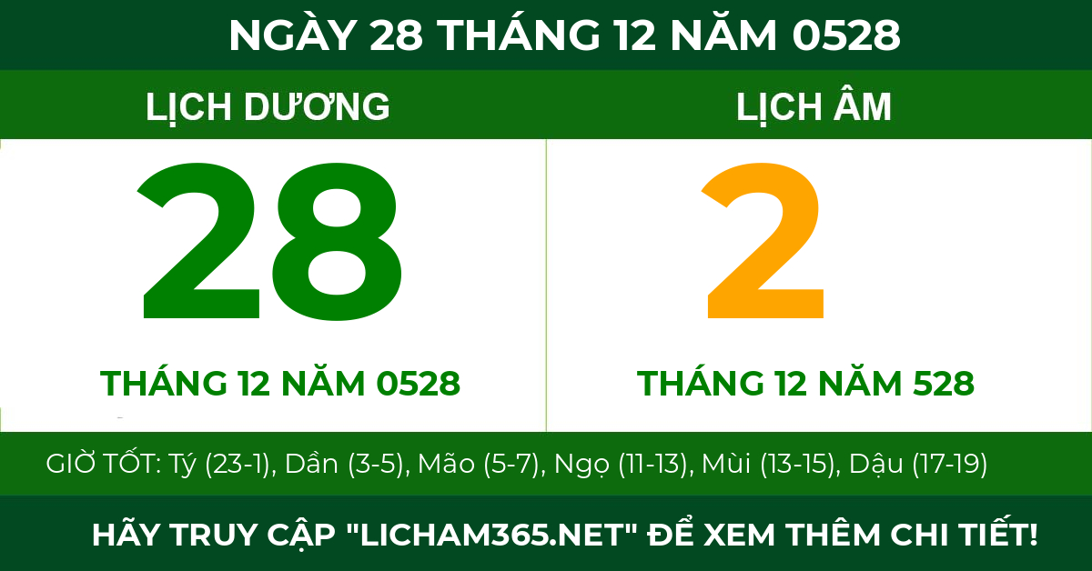 lịch âm ngày 28 tháng 12 năm 0528
