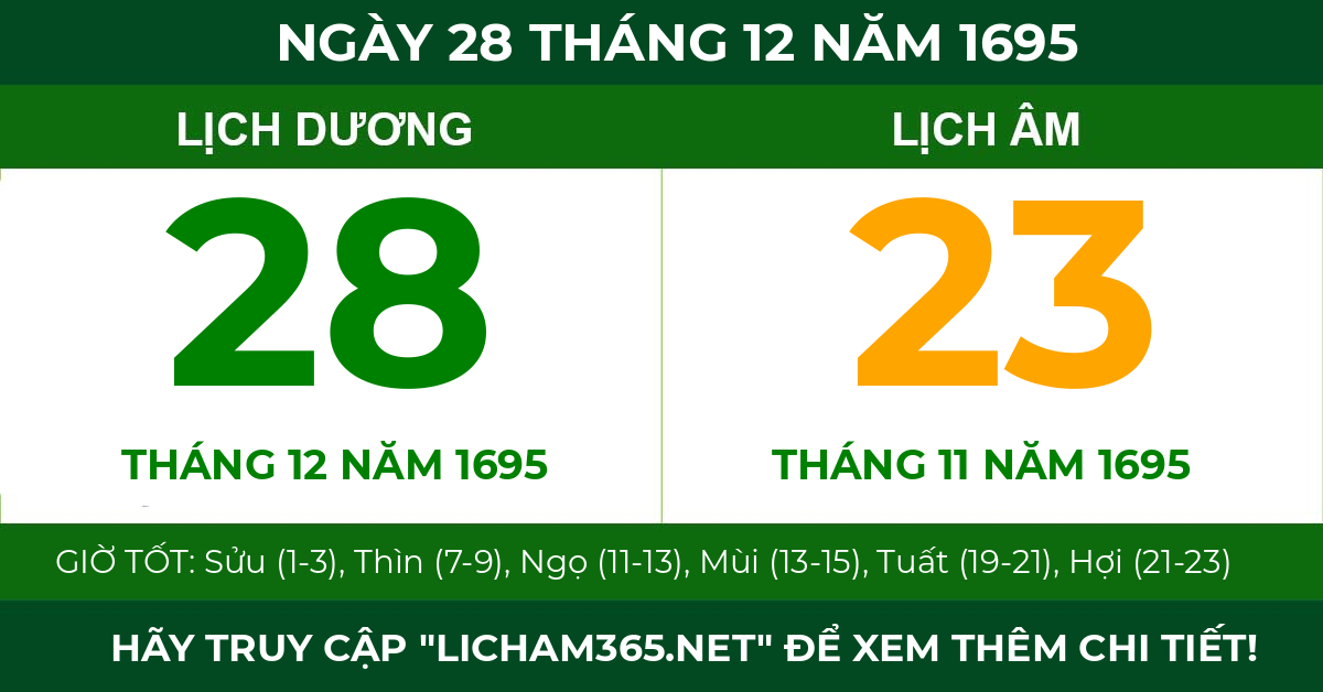lịch âm ngày 28 tháng 12 năm 1695