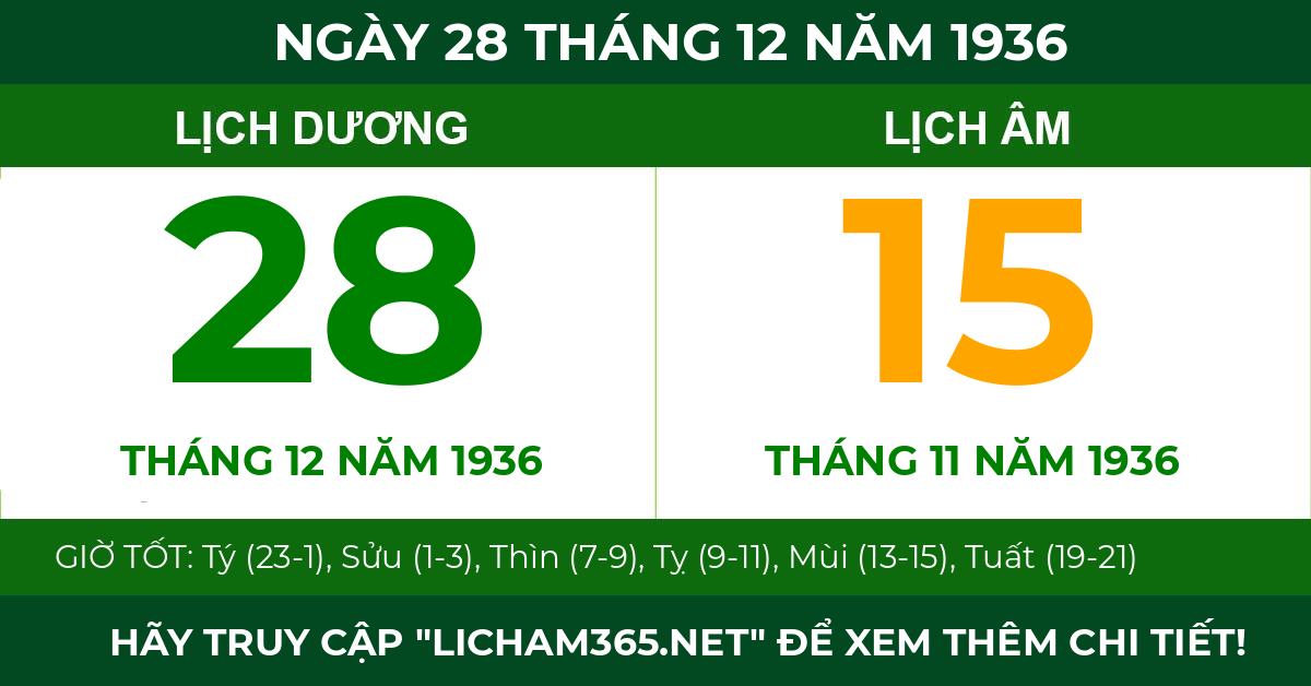 lịch âm ngày 28 tháng 12 năm 1936