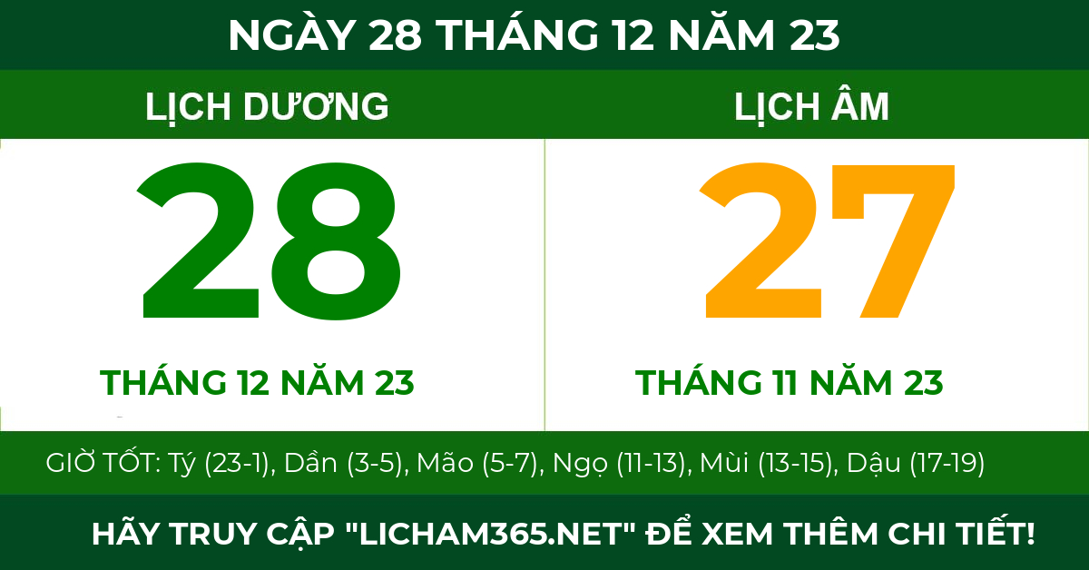 lịch âm ngày 28 tháng 12 năm 23