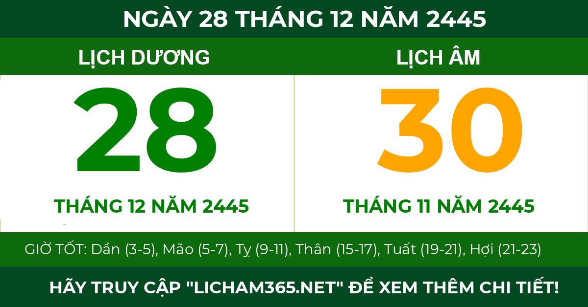lịch âm ngày 28 tháng 12 năm 2445