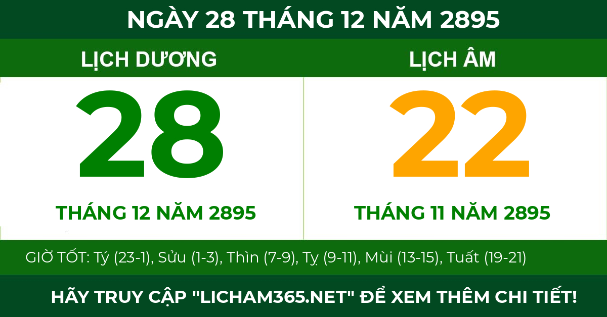 lịch âm ngày 28 tháng 12 năm 2895