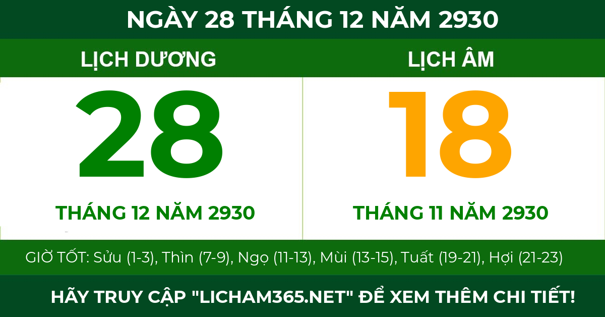 lịch âm ngày 28 tháng 12 năm 2930