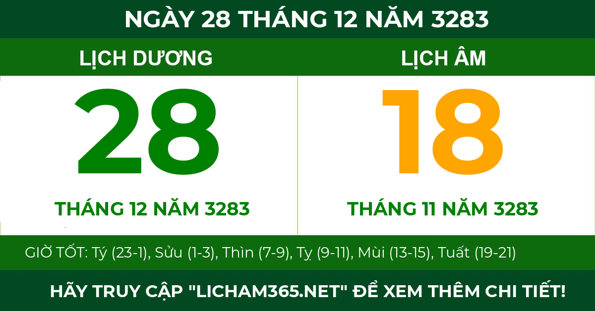 lịch âm ngày 28 tháng 12 năm 3283