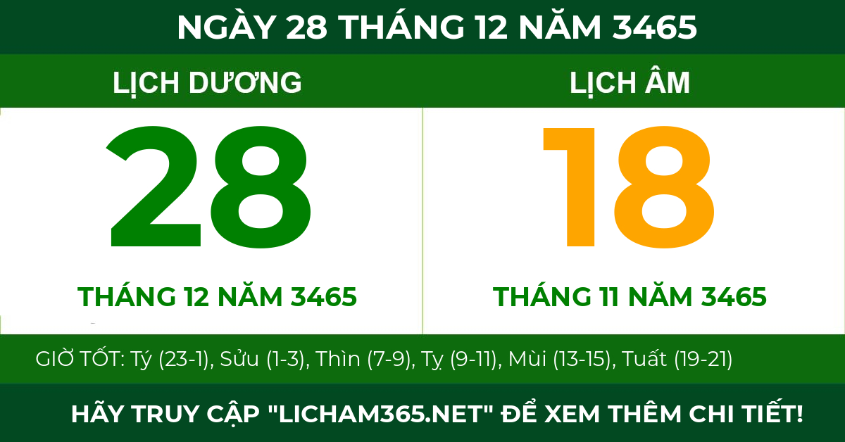 lịch âm ngày 28 tháng 12 năm 3465