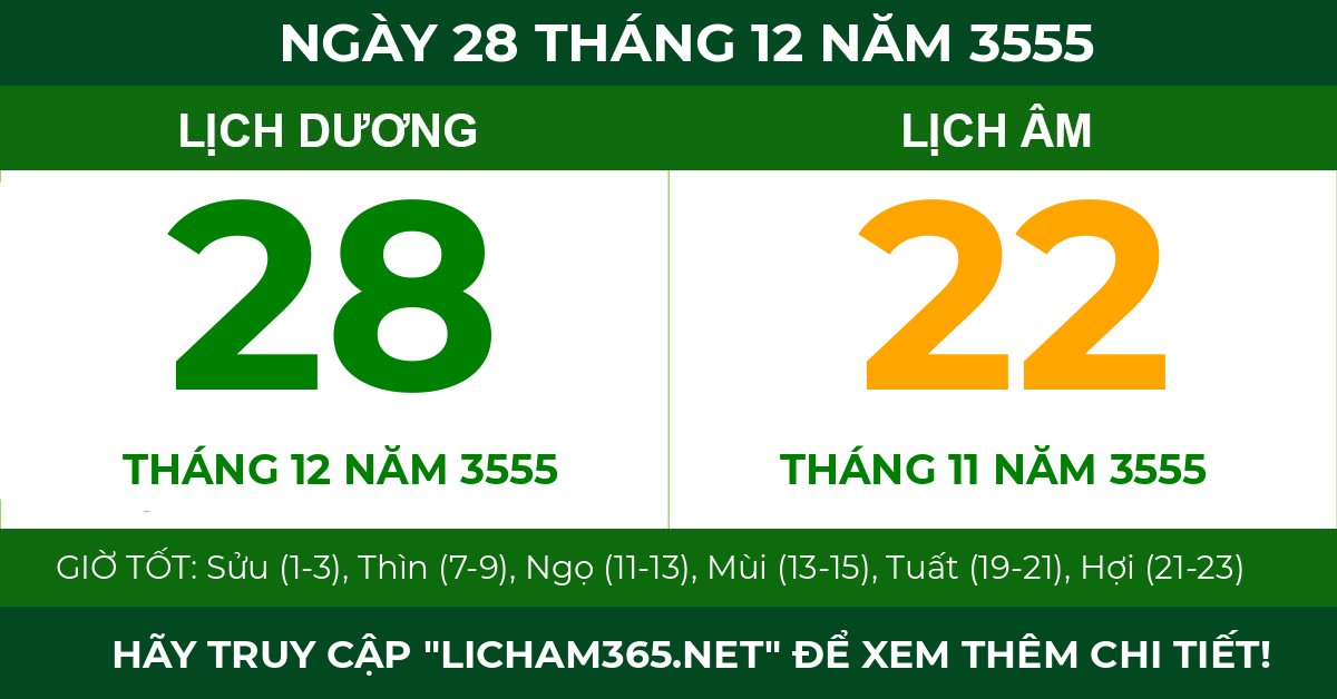lịch âm ngày 28 tháng 12 năm 3555