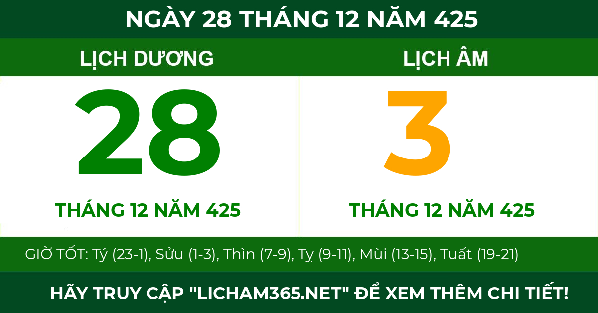 lịch âm ngày 28 tháng 12 năm 425
