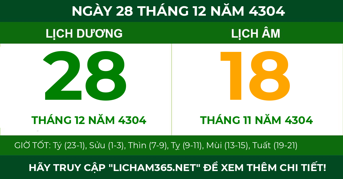 lịch âm ngày 28 tháng 12 năm 4304