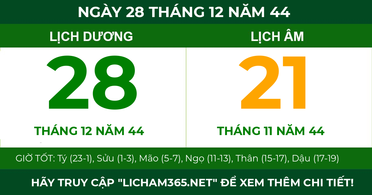 lịch âm ngày 28 tháng 12 năm 44