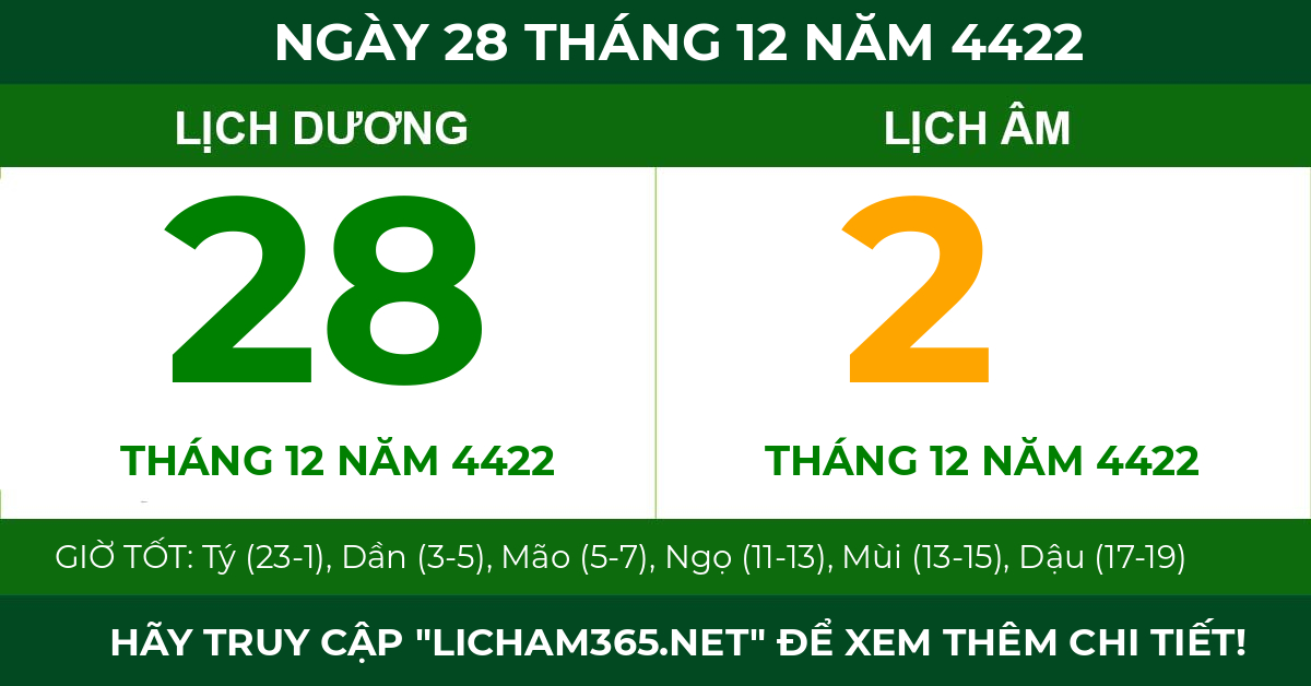 lịch âm ngày 28 tháng 12 năm 4422