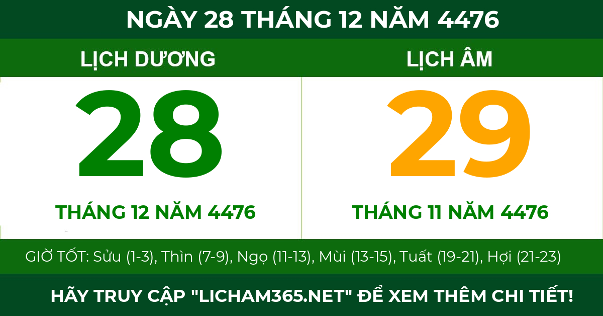 lịch âm ngày 28 tháng 12 năm 4476