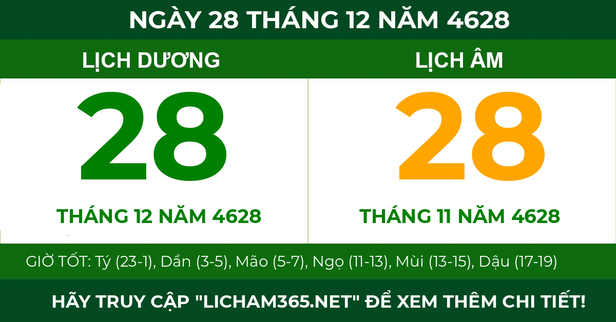 lịch âm ngày 28 tháng 12 năm 4628