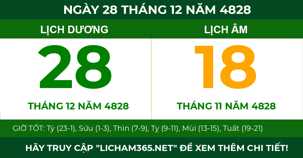 lịch âm ngày 28 tháng 12 năm 4828
