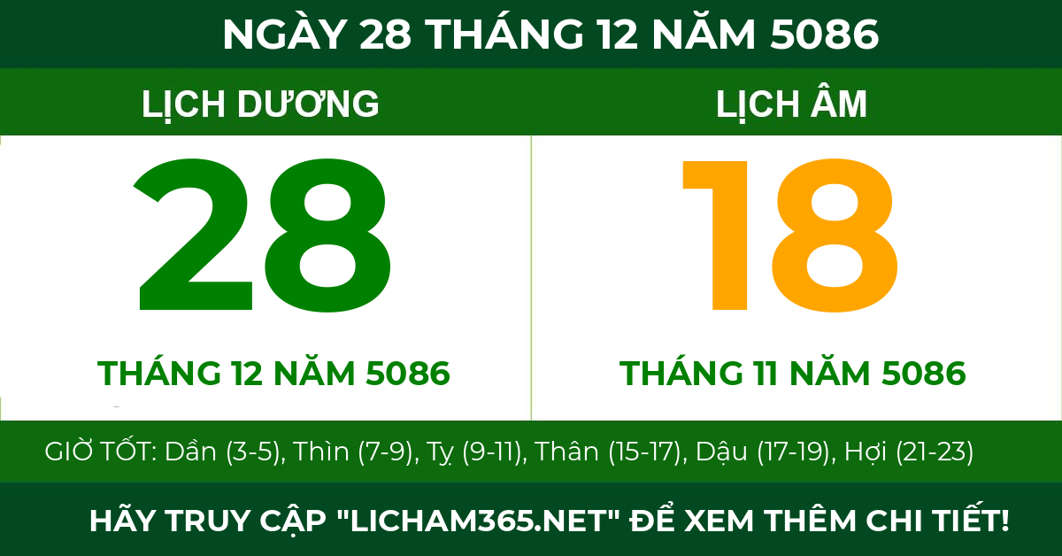 lịch âm ngày 28 tháng 12 năm 5086