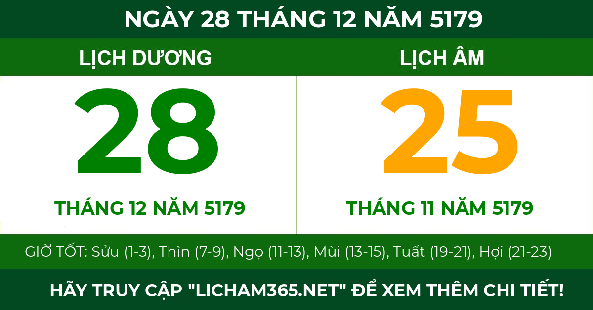 lịch âm ngày 28 tháng 12 năm 5179