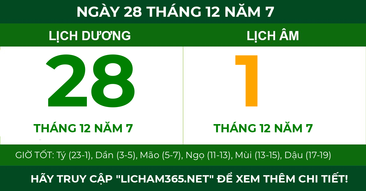 lịch âm ngày 28 tháng 12 năm 7
