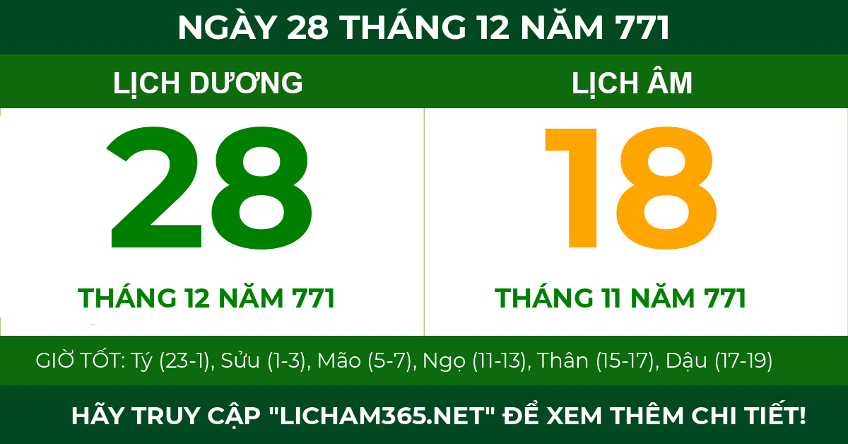 lịch âm ngày 28 tháng 12 năm 771