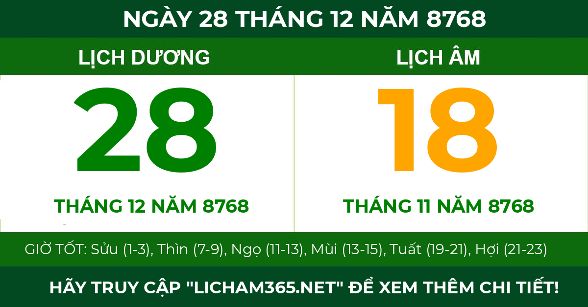 lịch âm ngày 28 tháng 12 năm 8768