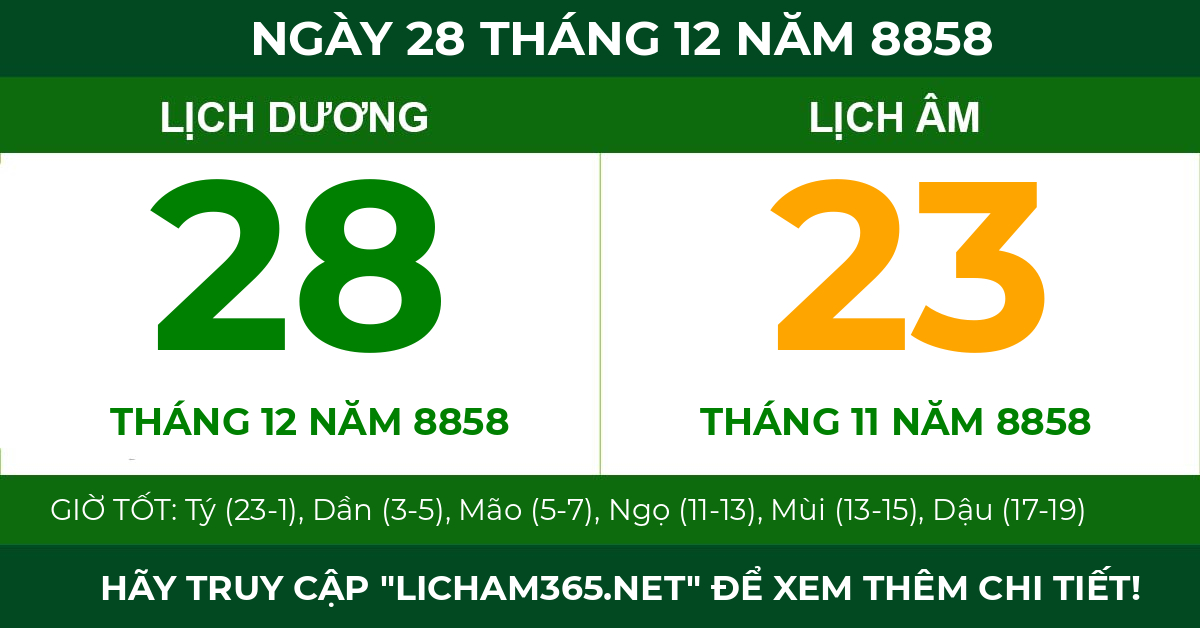 lịch âm ngày 28 tháng 12 năm 8858
