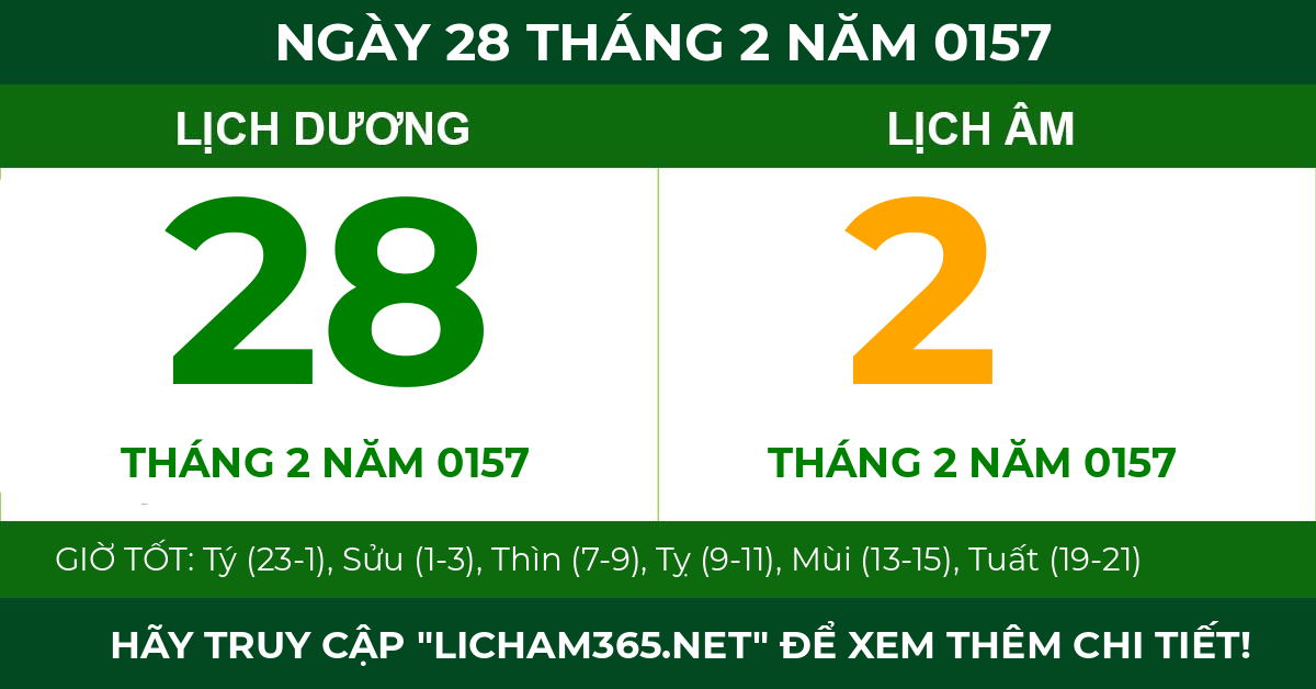 lịch âm ngày 28 tháng 2 năm 0157