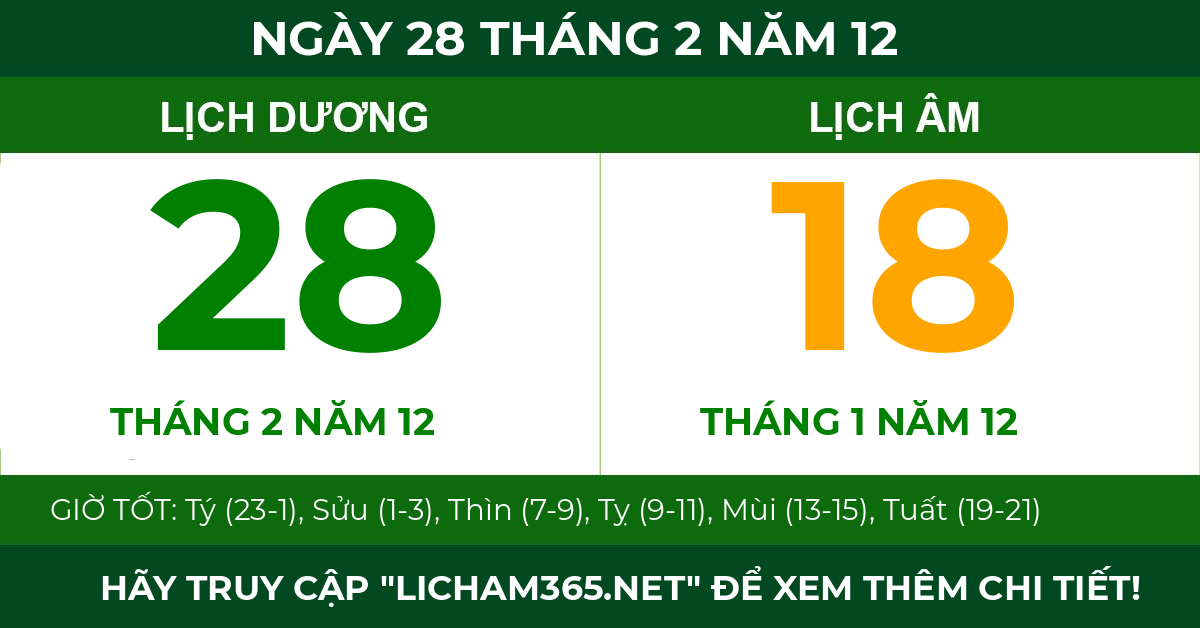 lịch âm ngày 28 tháng 2 năm 12