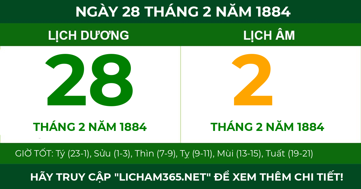 lịch âm ngày 28 tháng 2 năm 1884