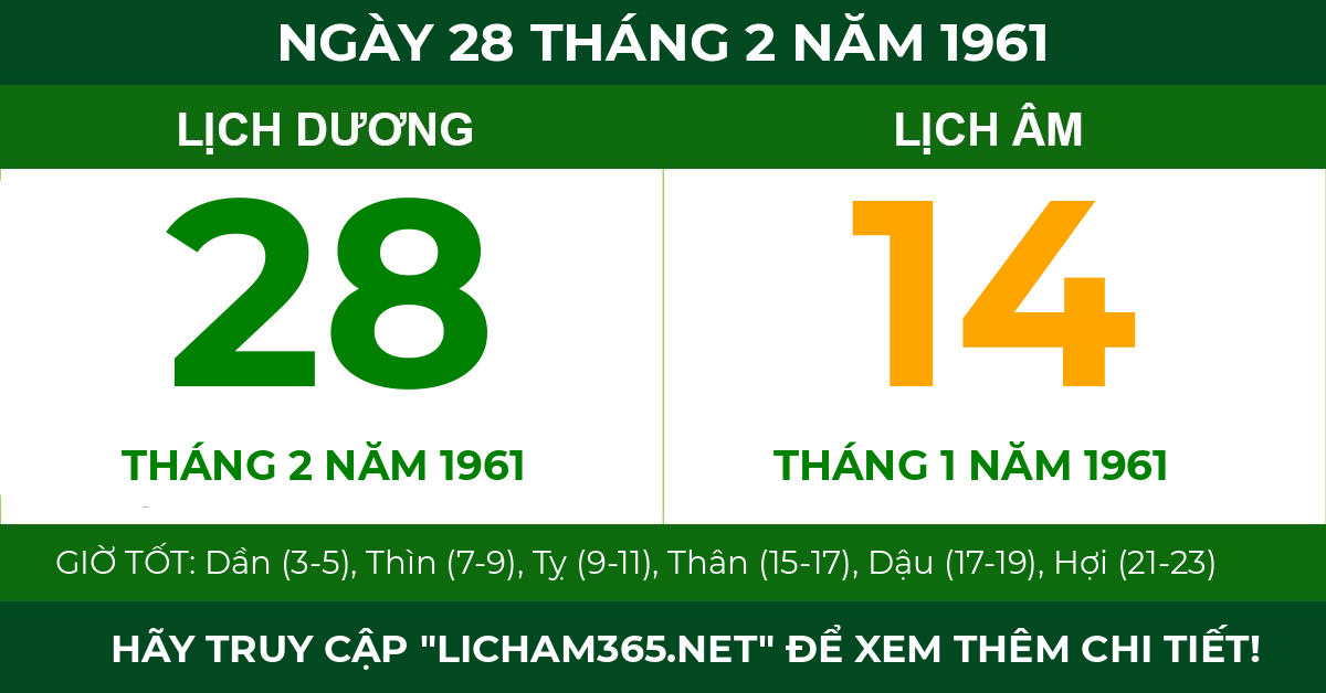 lịch âm ngày 28 tháng 2 năm 1961
