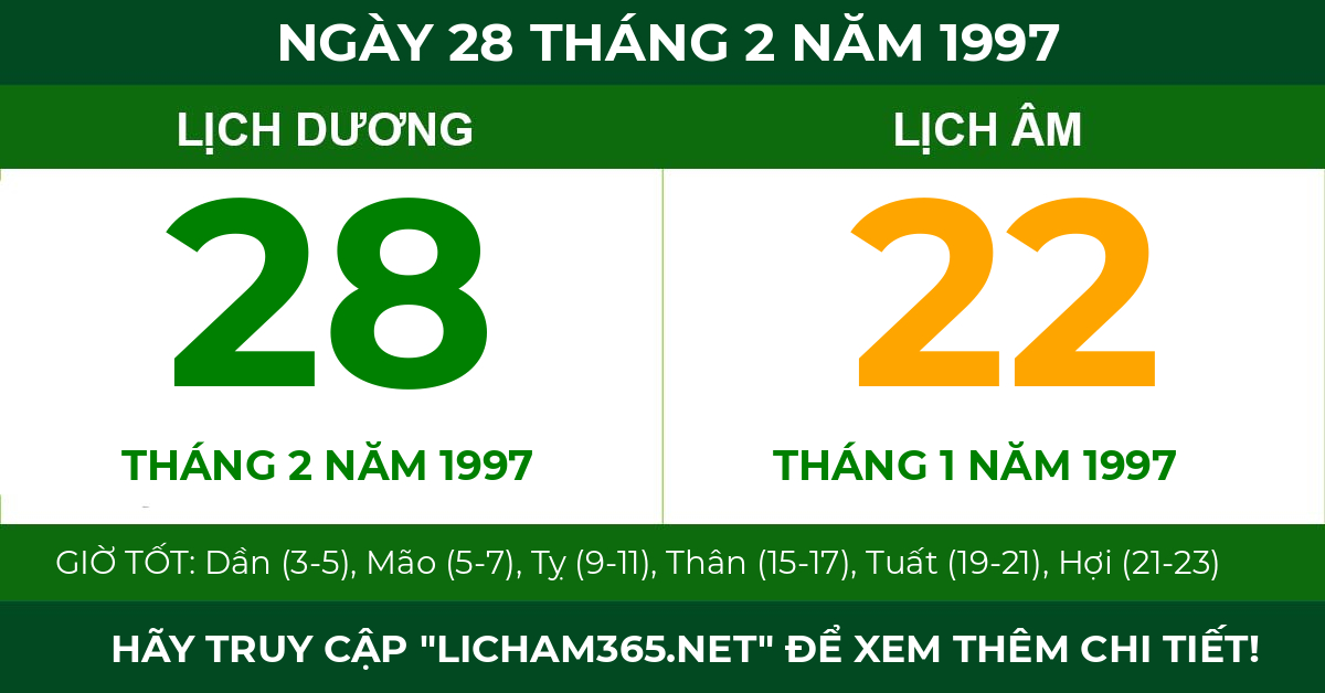 lịch âm ngày 28 tháng 2 năm 1997