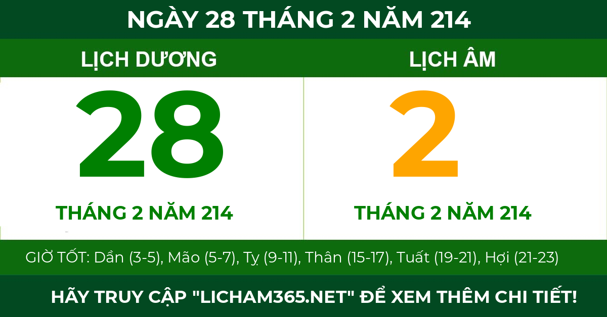 lịch âm ngày 28 tháng 2 năm 214