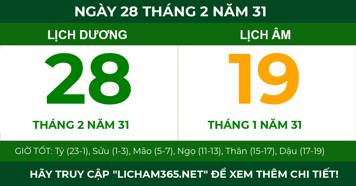 lịch âm ngày 28 tháng 2 năm 31
