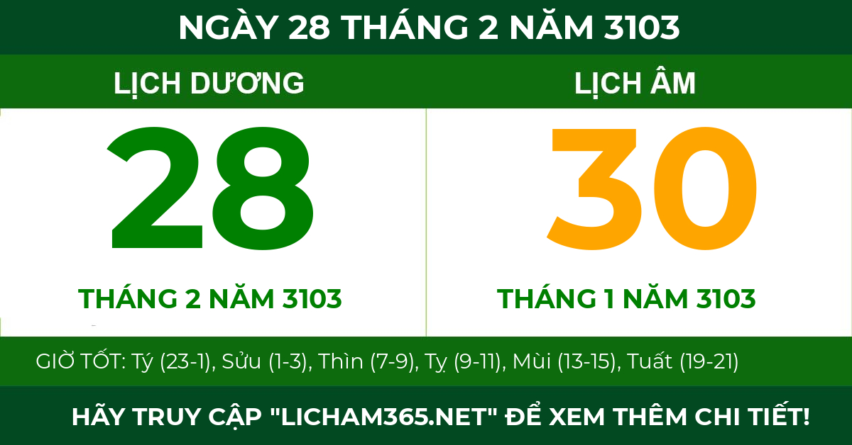 lịch âm ngày 28 tháng 2 năm 3103