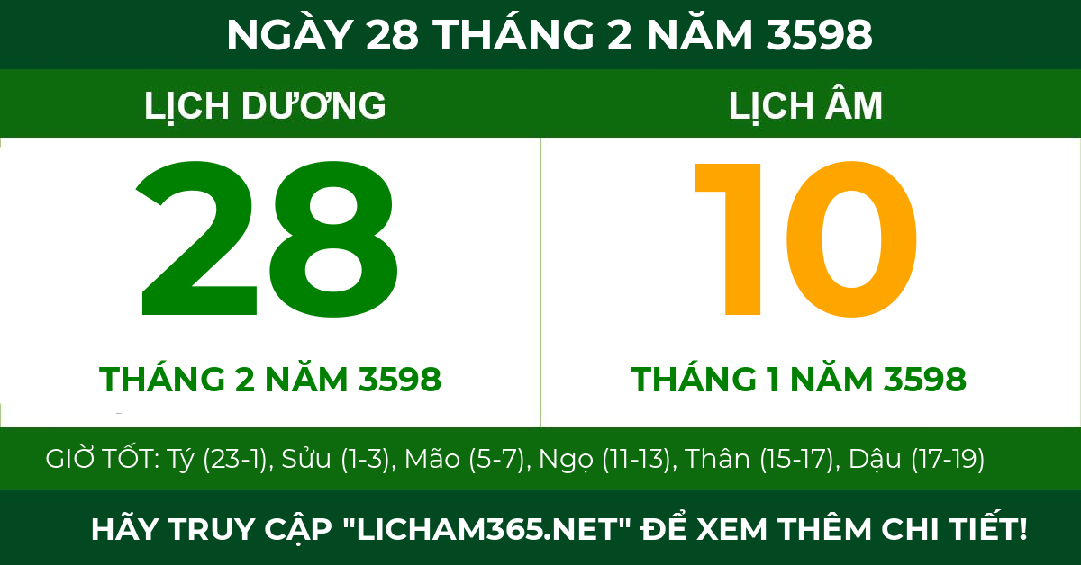 lịch âm ngày 28 tháng 2 năm 3598