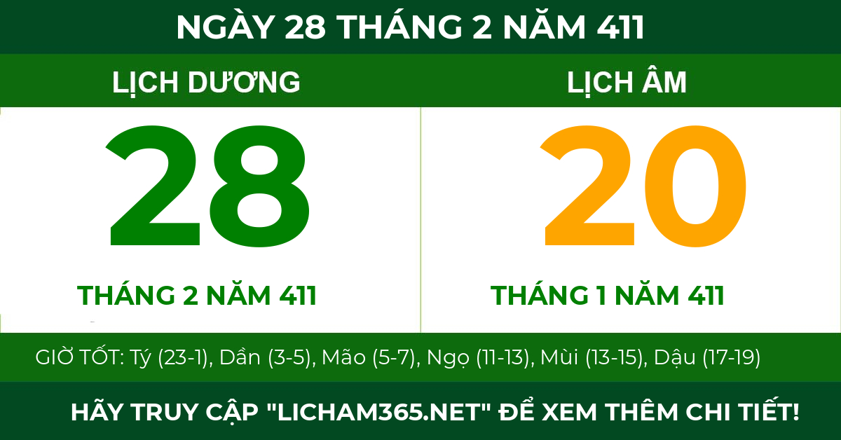 lịch âm ngày 28 tháng 2 năm 411