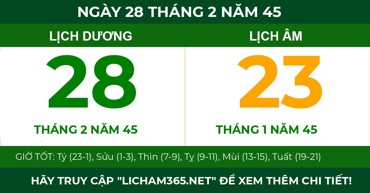 lịch âm ngày 28 tháng 2 năm 45
