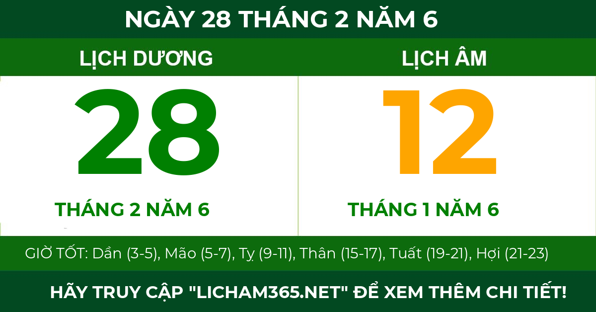 lịch âm ngày 28 tháng 2 năm 6
