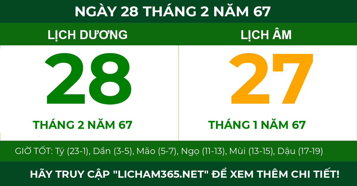 lịch âm ngày 28 tháng 2 năm 67
