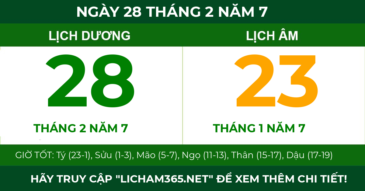 lịch âm ngày 28 tháng 2 năm 7