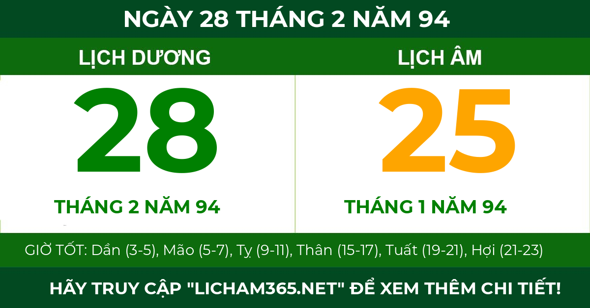 lịch âm ngày 28 tháng 2 năm 94