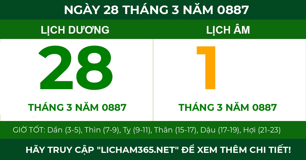 lịch âm ngày 28 tháng 3 năm 0887